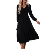 Women's V-neck Smocking Solid Color Dress - Nioor