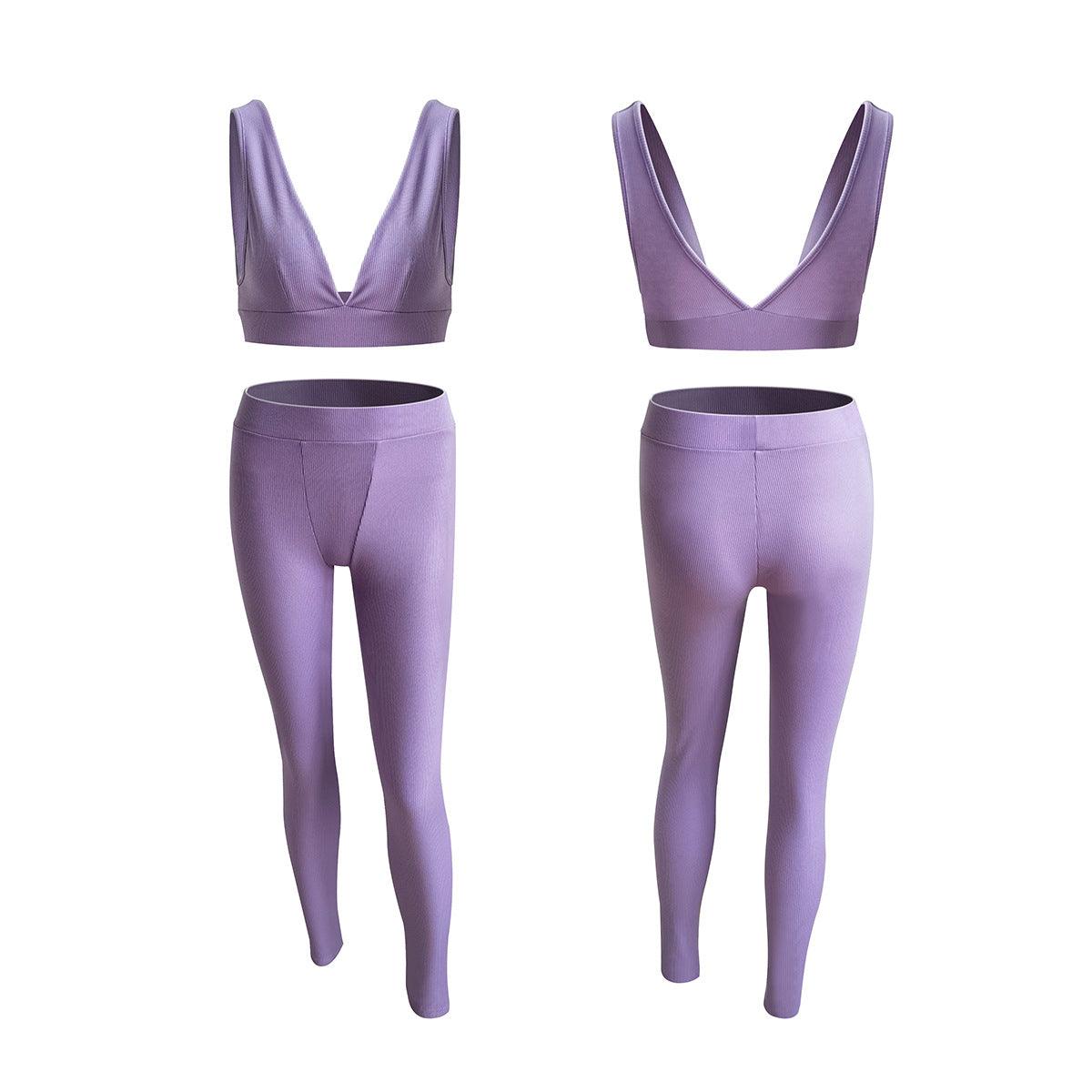 Women's V-neck Sports Yoga Cotton Solid Color Two-piece Set - Nioor