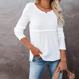 Women's Waffle Fashion Back Hollow Round Neck Long Sleeve Top - Nioor