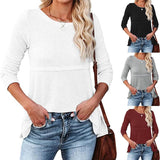 Women's Waffle Fashion Back Hollow Round Neck Long Sleeve Top - Nioor