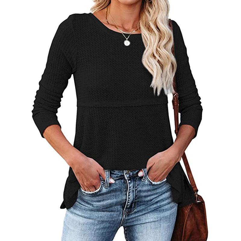 Women's Waffle Fashion Back Hollow Round Neck Long Sleeve Top - Nioor