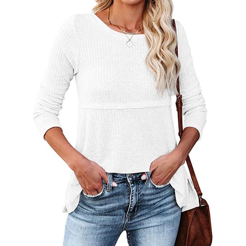 Women's Waffle Fashion Back Hollow Round Neck Long Sleeve Top - Nioor