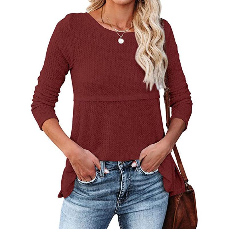 Women's Waffle Fashion Back Hollow Round Neck Long Sleeve Top - Nioor