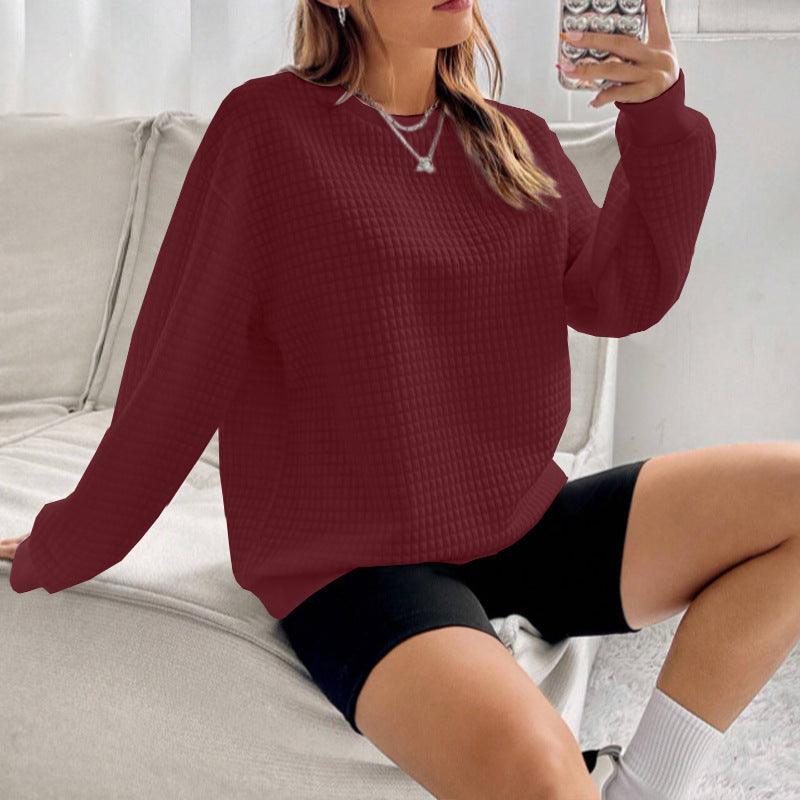 Women's Waffle Long Sleeve Loose-fitting Casual Round-neck Sweater - Nioor