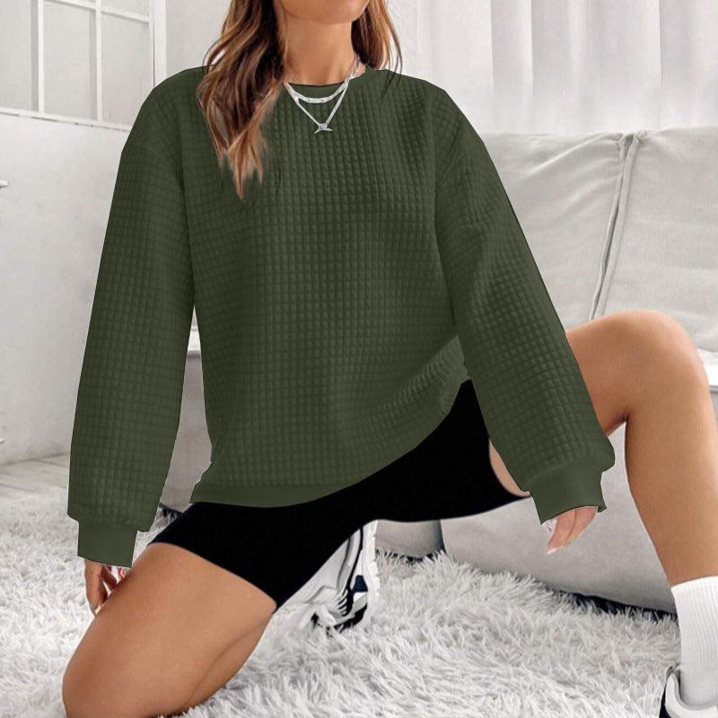 Women's Waffle Long Sleeve Loose-fitting Casual Round-neck Sweater - Nioor