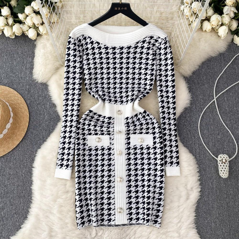 Women's Waist-controlled Long Sleeves Plaid Knitted Dress - Nioor