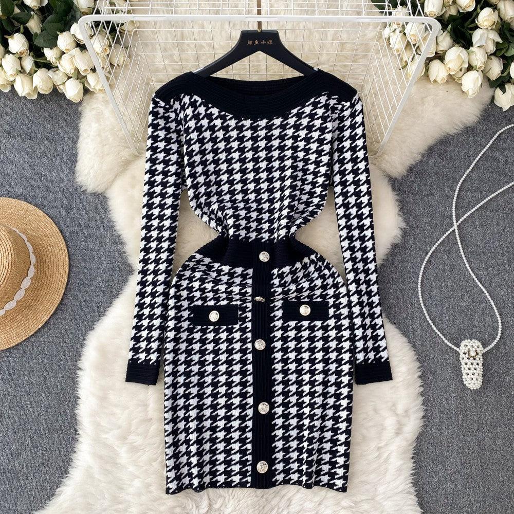 Women's Waist-controlled Long Sleeves Plaid Knitted Dress - Nioor