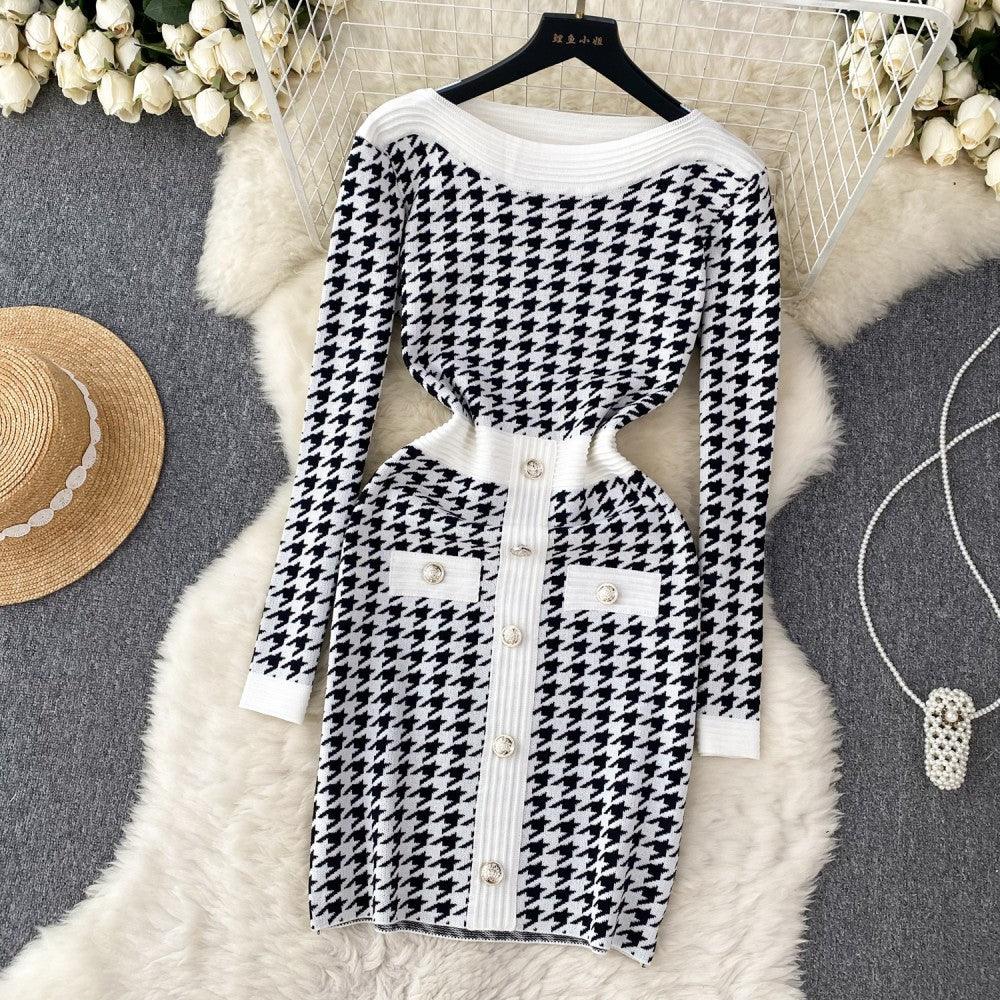 Women's Waist-controlled Long Sleeves Plaid Knitted Dress - Nioor