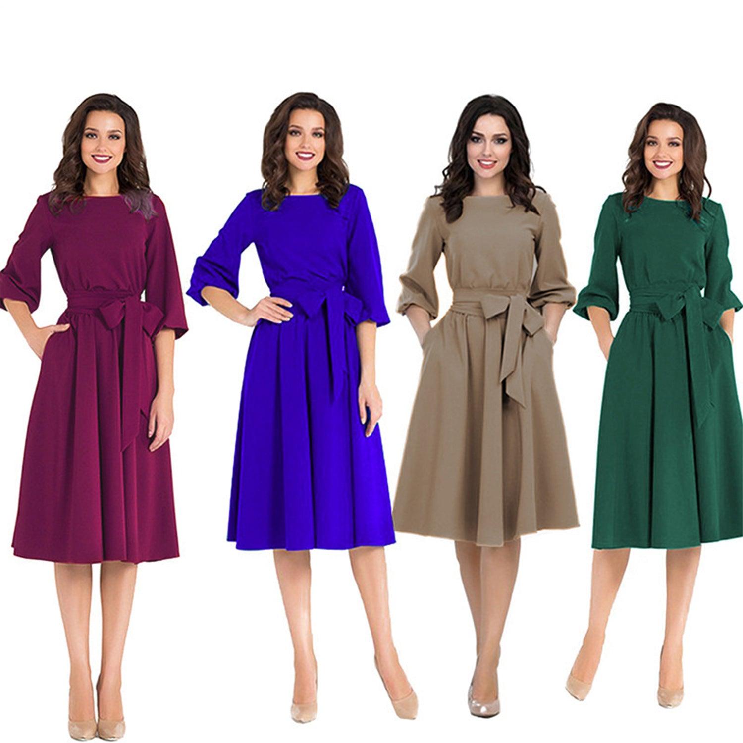 Women's Waist-tight 34 Sleeve Dress With Belt - Nioor