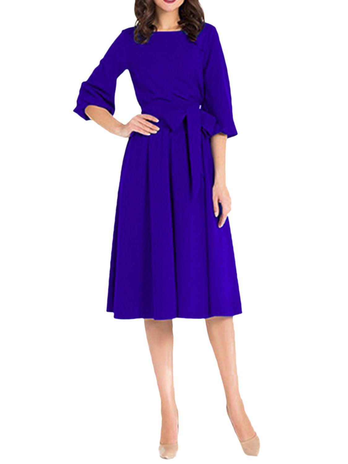 Women's Waist-tight 34 Sleeve Dress With Belt - Nioor