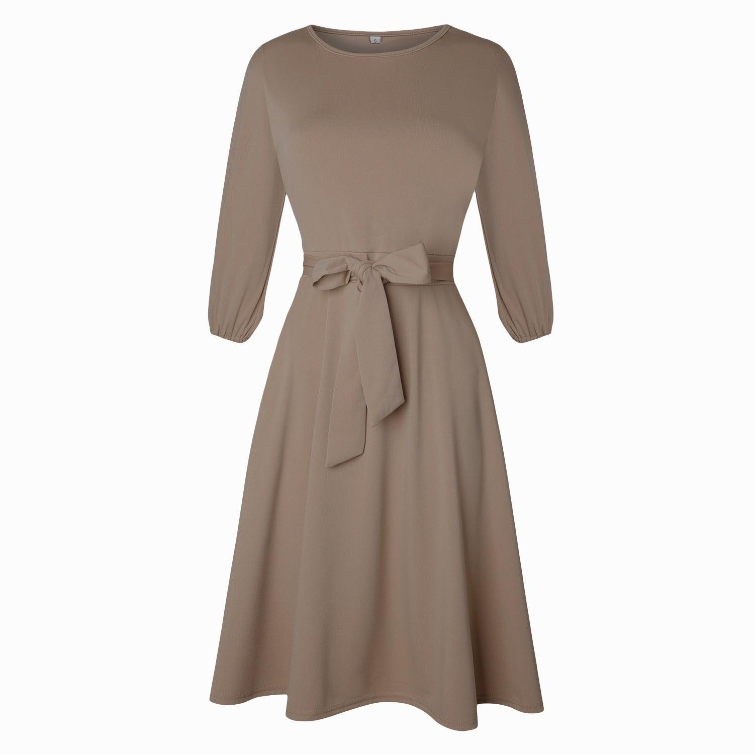 Women's Waist-tight 34 Sleeve Dress With Belt - Nioor