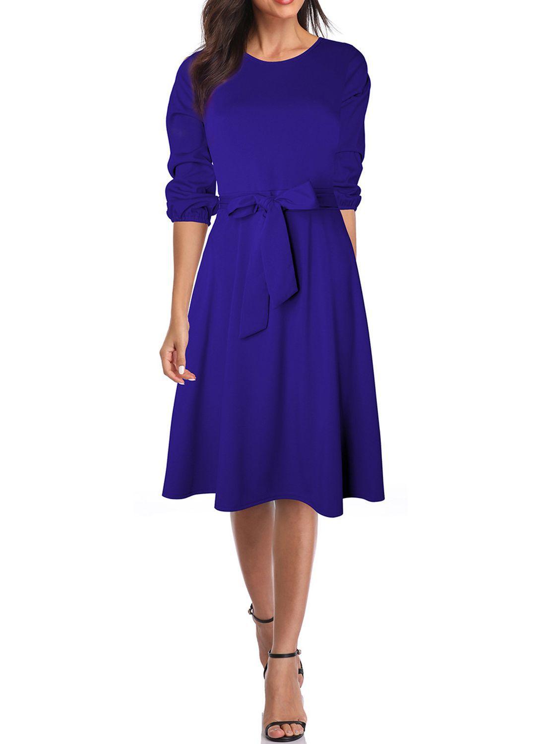 Women's Waist-tight 34 Sleeve Dress With Belt - Nioor