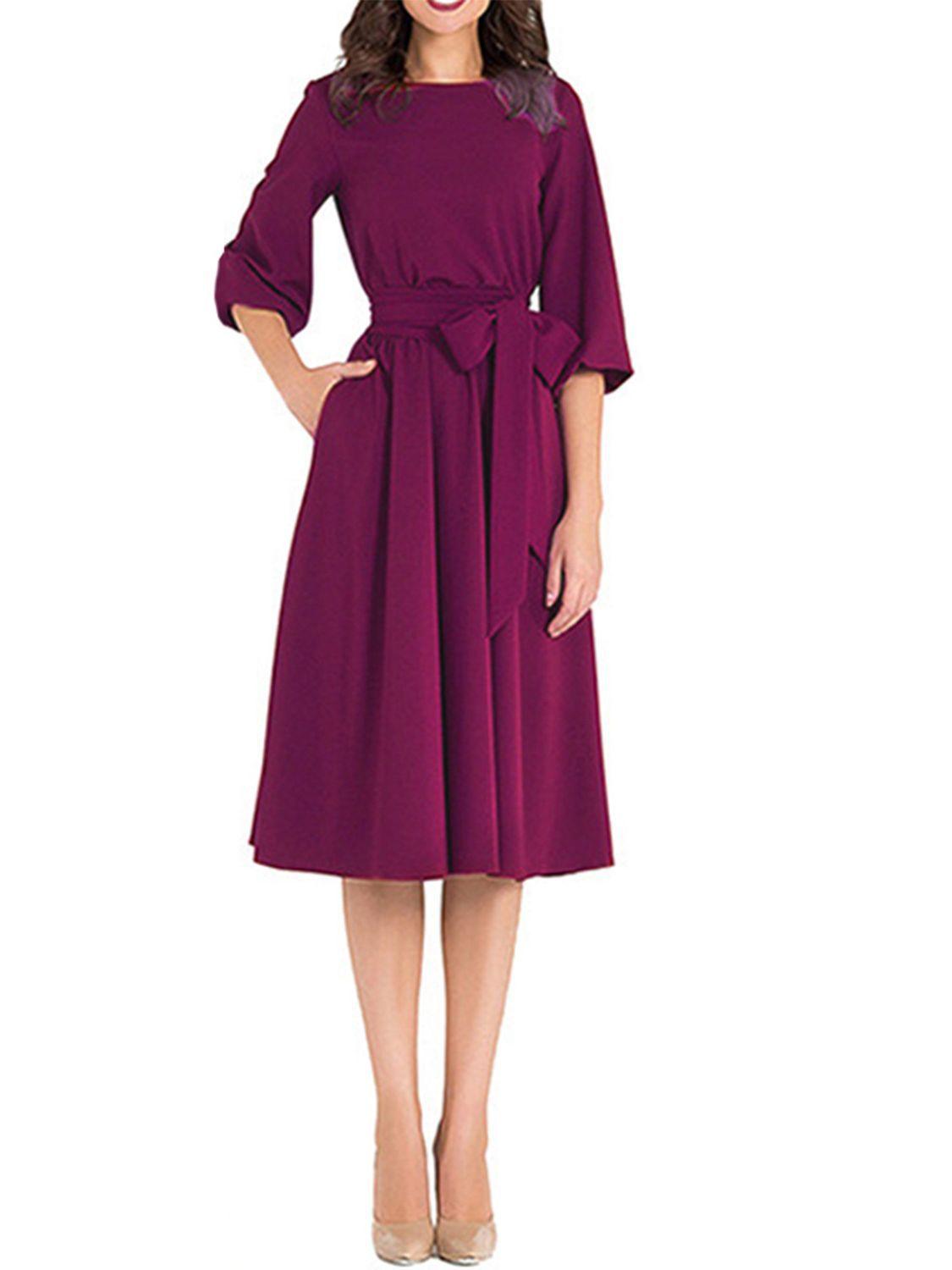 Women's Waist-tight 34 Sleeve Dress With Belt - Nioor