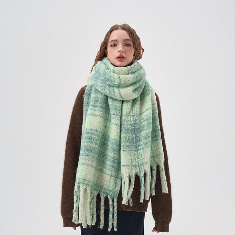 Women's White And Green Plaid Scarf - Nioor