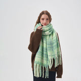 Women's White And Green Plaid Scarf - Nioor