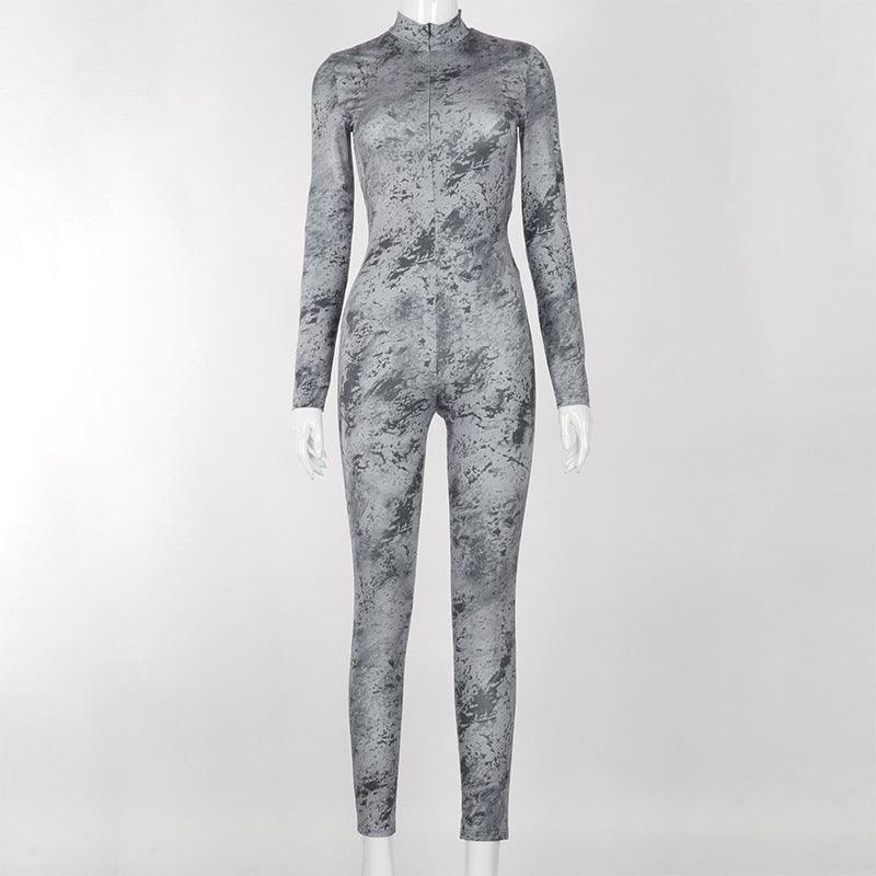 Women's Winter New Round Stand-up Collar Buttocks Slim-fit Chest Zipper Cool Print Jumpsuit - Nioor