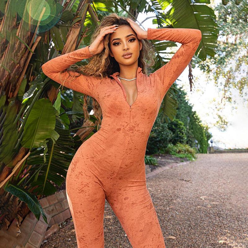 Women's Winter New Round Stand-up Collar Buttocks Slim-fit Chest Zipper Cool Print Jumpsuit - Nioor