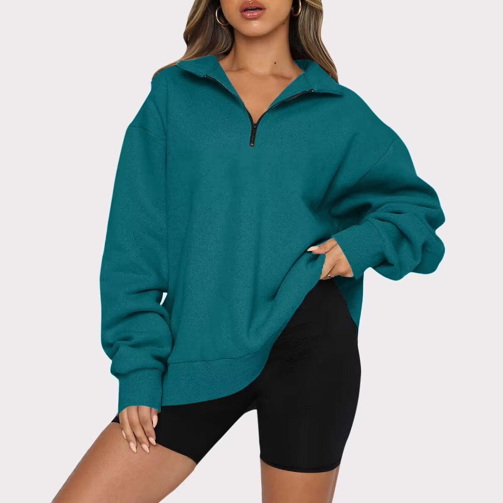 Women Sweatshirts Zip Turndown Collar Loose Casual Tops Clothes - Nioor