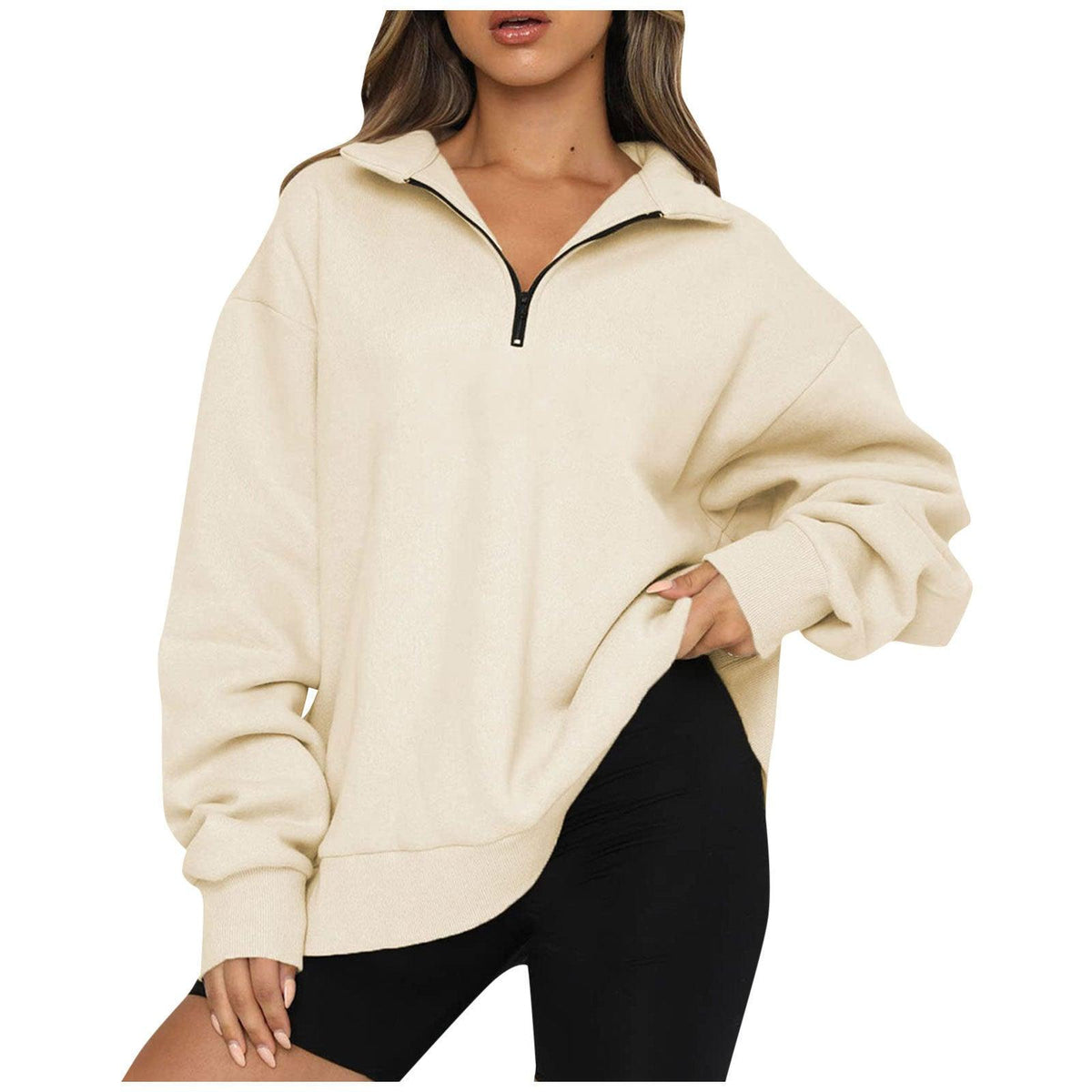 Women Sweatshirts Zip Turndown Collar Loose Casual Tops Clothes - Nioor