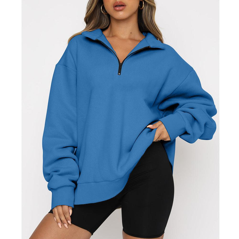 Women Sweatshirts Zip Turndown Collar Loose Casual Tops Clothes - Nioor