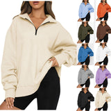 Women Sweatshirts Zip Turndown Collar Loose Casual Tops Clothes - Nioor