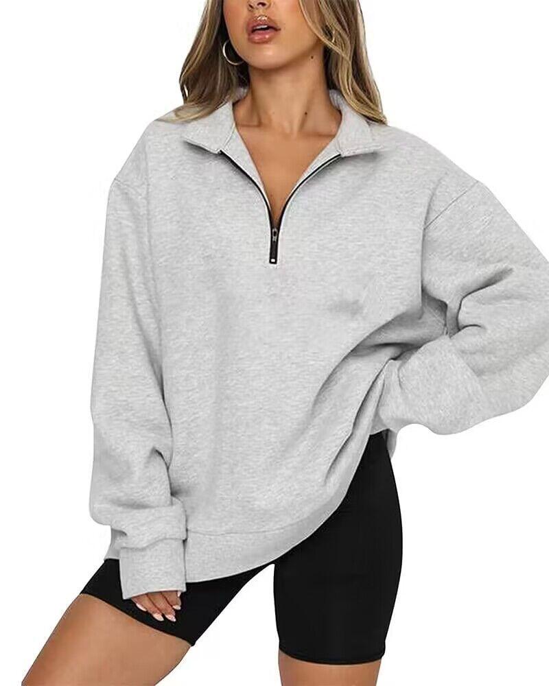 Women Sweatshirts Zip Turndown Collar Loose Casual Tops Clothes - Nioor