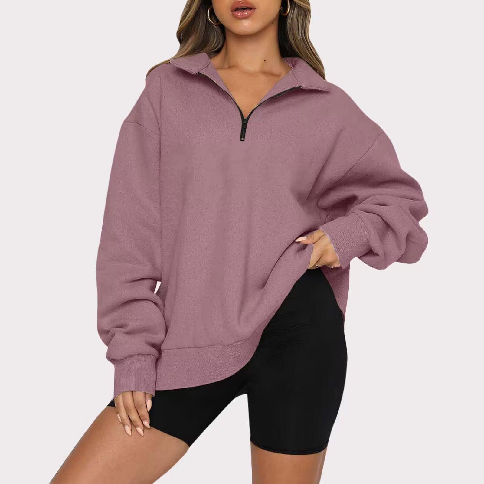 Women Sweatshirts Zip Turndown Collar Loose Casual Tops Clothes - Nioor