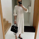 Wool Mid-length Round Neck Long Sleeve Twisted Knitted Dress - Nioor