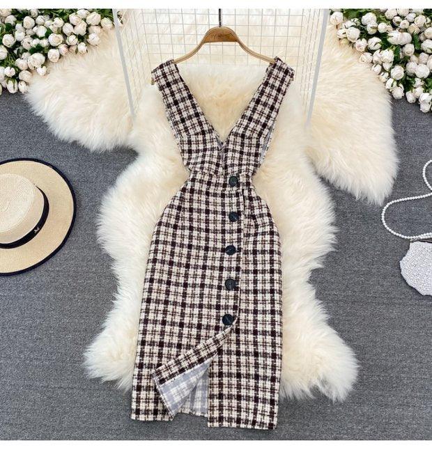 Woolen Plaid Suit Skirt Female Strap Dress Two-piece Sweater - Nioor