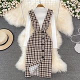 Woolen Plaid Suit Skirt Female Strap Dress Two-piece Sweater - Nioor