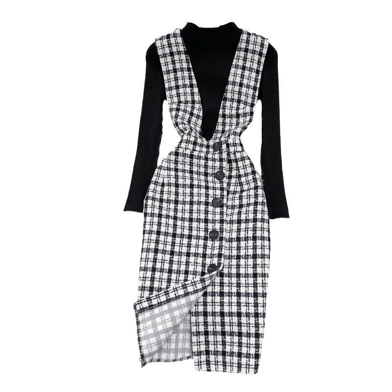 Woolen Plaid Suit Skirt Female Strap Dress Two-piece Sweater - Nioor