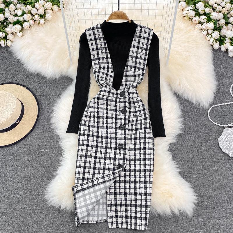 Woolen Plaid Suit Skirt Female Strap Dress Two-piece Sweater - Nioor