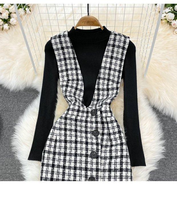 Woolen Plaid Suit Skirt Female Strap Dress Two-piece Sweater - Nioor