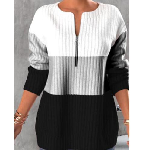 Zipper Contrast Panel Standing Neck Long Sleeve - Nioor