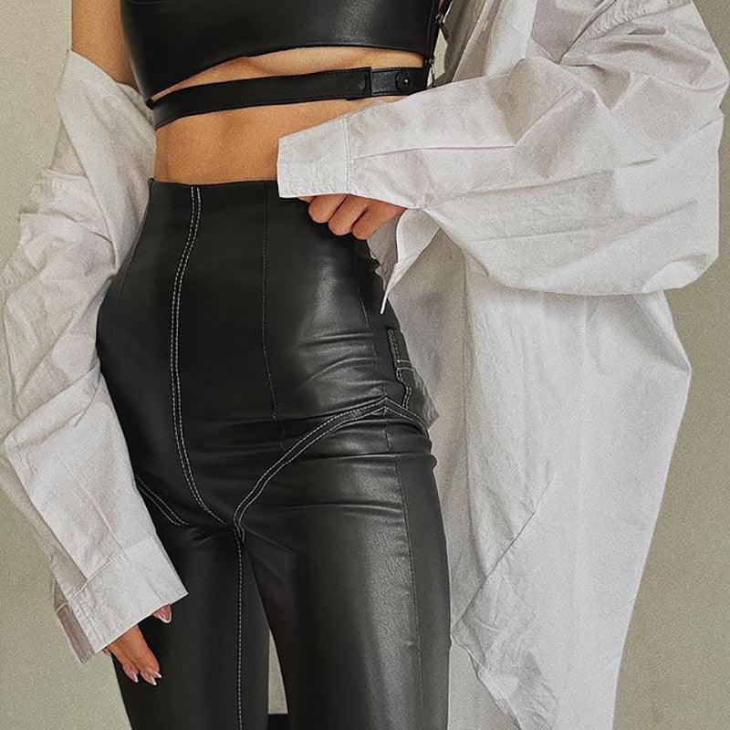 PU Leather Elastic Skinny Pants High Waist Stitching Hip Leggings - Nioor